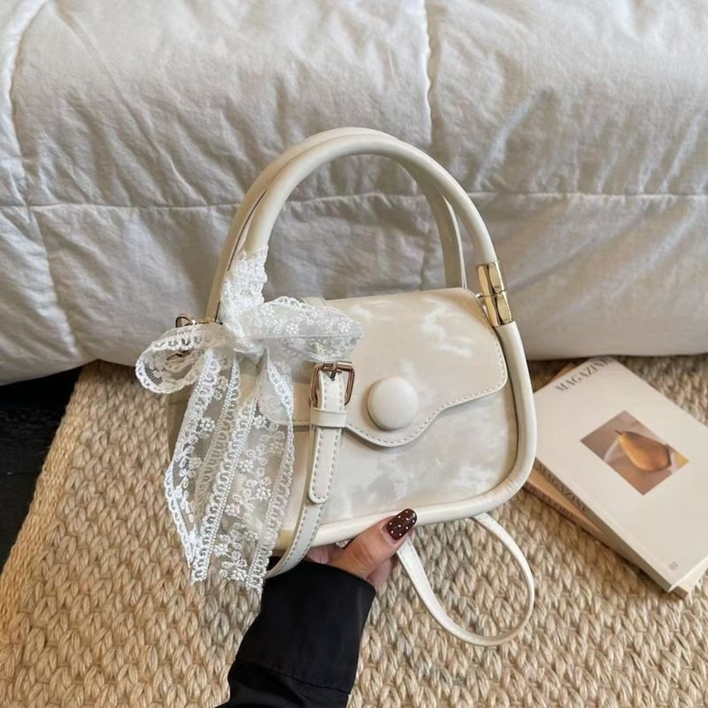 Stylish White Top-Handle Crossbody Bag with Lace Bow